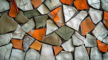 A mosaicstyle ceramic wall installation using broken pieces of pottery to create a unique and textured design. photo