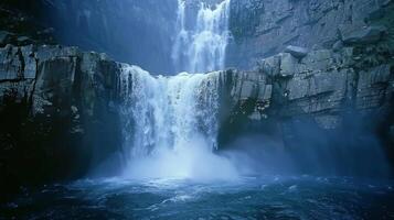 un majestuoso cascada cascadas abajo un rocoso acantilado el niebla creado desde sus fuerza creando un frio refrescante atmósfera foto