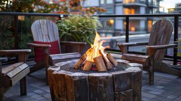 The flickering flames of a rustic fire pit create a cozy ambiance on the rooftop perfect for a romantic evening under the stars. 2d flat cartoon photo