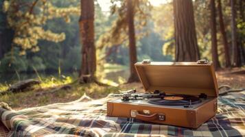 A record player set up on a picnic blanket creating a serene outdoor listening experience photo