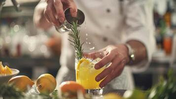 A chef carefully measures ingredients for a mocktail using the same precision and attention to detail as they would for an alcoholic cocktail photo