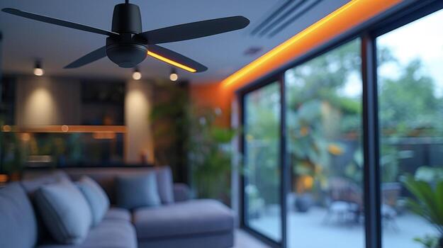 A closeup of a modern ceiling fan with integrated LED lights controlled by a smart home device adding both style and convenience to the renovation photo
