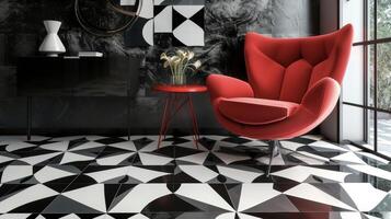 Make a bold statement with a unique and eyecatching tile flooring installation from our flooring spets. This image features a striking geometric pattern that adds a moder photo