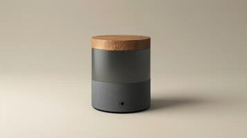 Blank mockup of a minimalist speaker with a mix of metal and wood elements photo