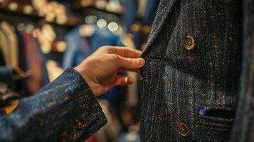 The customer tries on a jacket admiring the intricate stitching and attention to detail photo