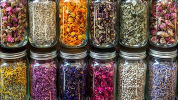 A closeup of a variety of dried herbs and flowers neatly displayed in jars and labeled with their corresponding names photo