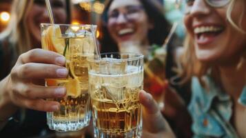 un grupo de amigos riendo y chateando terminado lentes de burbujeante no alcohólico jengibre cerveza foto