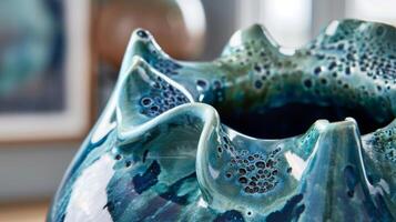 A oneofakind vase handsculpted into a wavelike shape with a mesmerizing blend of blues and greens in the glaze perfect for displaying dried flowers or as standalone art piece. photo