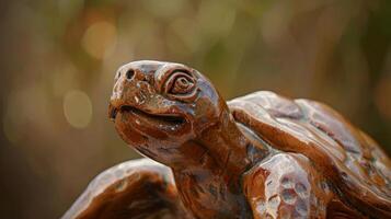 A finished clay sculpture of a turtle with a smooth glossy glazed finish. photo