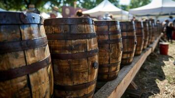 Wooden barrels are set up throughout the festival offering free samples of different types of sauerkraut for attendees to try photo