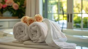 A plush white towel dd over a luxurious robe waiting to wrap you in comfort after your spa day photo