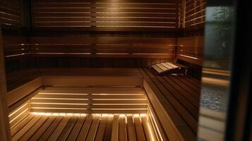 Privacy screens around each sauna bench providing a sense of seclusion for guests. photo