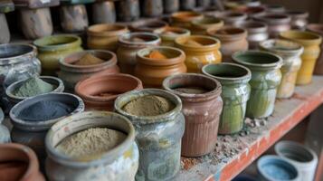 un artistas espacio de trabajo lleno con frascos de diferente de colores arcilla todas de origen desde local y sostenible minas foto