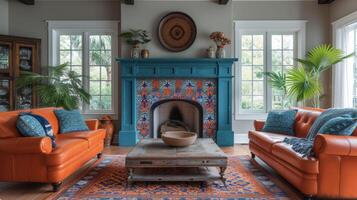 An eclectic living room comes to life with the addition of a vibrant handpainted fireplace mantel. The bold colors and intricate patterns add personality and charm to th photo