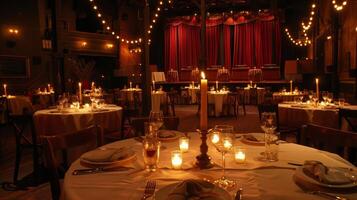 The romantic setting of the candlelit dinner theater adds an extra layer of depth to the emotional performances on stage. 2d flat cartoon photo