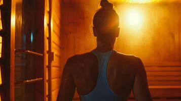 un mujer entra el sauna después completando un caliente yoga clase su piel brillante con sudor y su músculos calentado arriba y Listo para el profundo calor de el sauna. foto