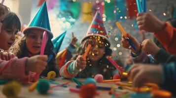 niños ansiosamente elaboración vistoso fiesta sombreros y ruidosos a Bienvenido el nuevo año foto