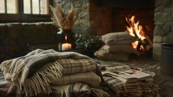 A stack of blankets and pillows invite you to curl up and get lost in a book in front of the glowing fire. 2d flat cartoon photo