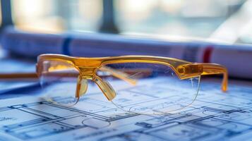 A pair of safety glasses tinted to protect against bright sunlight resting on a pile of construction plans and blueprints photo