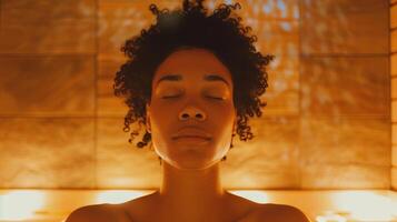 un persona en el sauna con su ojos cerrado un Mira de tranquilidad en su cara como ellos meditar y dejar el calor tratar su cuerpo. foto