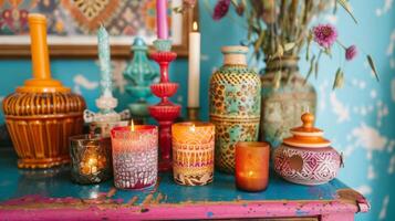 On a vintage dresser in a bohemian bedroom a colorful assortment of candles in unique holders creates a vibrant and eclectic centerpiece. 2d flat cartoon photo