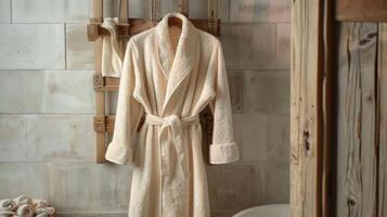 A terry cloth spa robe cinched at the waist with a plush heavenly quality hanging on a wooden towel rack. photo