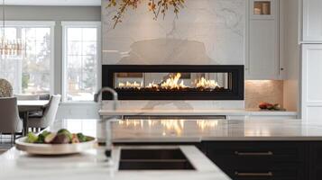 A modern twist on a classic kitchen featuring a doublesided fireplace with a sleek black surround. The fire adds a touch of sophistication to the timeless white cabinets 2d flat cartoon photo