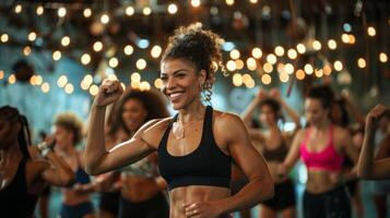 A diverse group of people engaged in a boutique fitness class set in a chic industrial space with strings of lights strung overhead photo