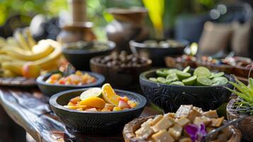 un menú de orgánico de origen local meriendas y bebidas ofrecimiento alimento y refresco a invitados durante su spa día. foto