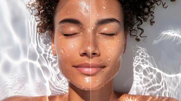 un lado a lado comparación de un personas piel antes de y después apropiado hidratación para un sauna sesión exhibiendo el diferencia en resplandor y brillo. foto