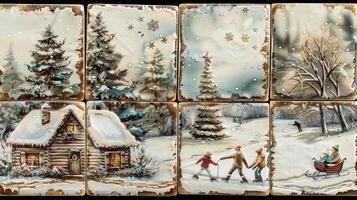 un conjunto de cuatro cerámico portavasos cada presentando un diferente invierno escena incluso un Nevado cabina hielo patinadores un Navidad árbol y un trineo conducir. foto