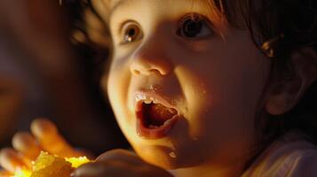 un niños cara iluminado arriba con sorpresa y deleite después tomando un mordedura de un exótico Fruta ese tiene un sorprendente picante gusto foto