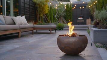 A minimalist patio is transformed into an outdoor oasis with the presence of a fire orb creating a cozy atmosphere for outdoor gatherings. 2d flat cartoon photo