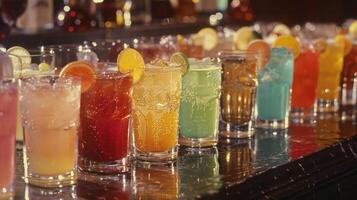An array of colorful and artistically presented nonalcoholic drinks lined up on a counter photo
