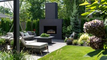 The dark matte finish of the chimney contrasts beautifully with the surrounding greenery adding depth to the outdoor setting. 2d flat cartoon photo