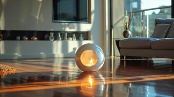 The fire orbs smooth white surface reflects the dancing flames creating a mesmerizing play of light in the room. 2d flat cartoon photo