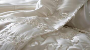 un seda funda Nordica cubrir con intrincado floral puntadas acostado terminado un felpa abajo edredón agregando un toque de elegancia a el cama foto