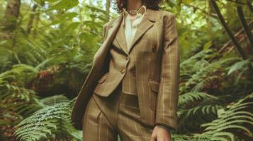 en un pacífico lozano bosque ajuste un modelo poses en un hermosamente a la medida traje hecho desde reciclado telas exhibiendo el versatilidad de sostenible Moda foto