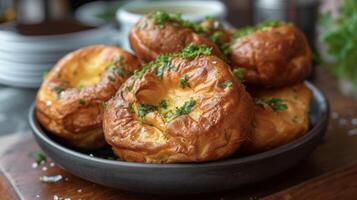 Transport yourself to a charming countryside cottage with every bite of these crispy and smoky Yorkshire puddings freshly made by the hearth and bursting with savory flavor photo