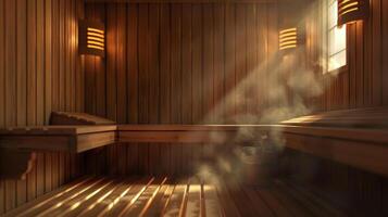 An animated demonstration of the saunas detoxifying effects with animated toxins leaving the body through sweat and the being cleansed and revitalized. photo