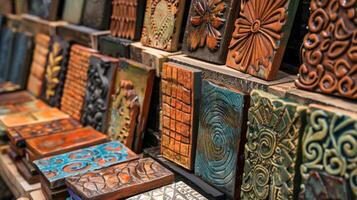 An array of unique clay tiles on display at an art fair each one showcasing the artists personal style and creative vision. photo