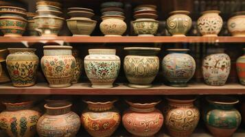 Pots with intricate patterns and designs are lined up on a shelf each representing a different historical era and region from ancient Egypt to Ming Dy China. photo