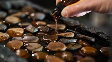 A person adding essential oils to the sauna rocks creating a soothing and aromatic environment to aid in hangover relief. photo