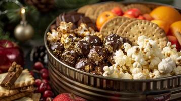 un pulcro estaño cesta lleno con un variedad de gastrónomo palomitas de maiz decadente cubierto de chocolate frutas y sabroso galletas foto