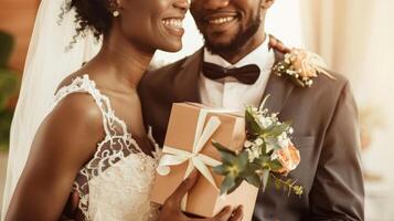 A bride and groom smiling as they hold a gift box labeled Wedding Gift Wellness Package that includes rejuvenating infrared sauna sessions. photo