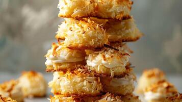 A tower of bitesized coconut macaroons drizzled with a coconut cream frosting and sprinkled with toasted coconut flakes photo