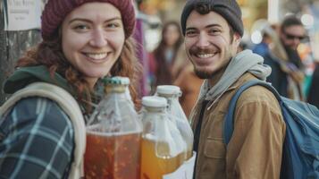 un contento Pareja entra el kombucha reunirse sonriente y que lleva pantalones lleno con su propio hecho en casa kombucha a compartir foto