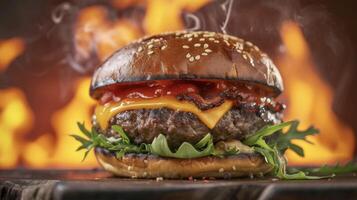 un Agua en la boca hamburguesa con queso caliente apagado el parrilla con sus jugoso empanada envuelto en llamas el intenso calor agrega un irresistible carbonizado sabor a el ya delicioso hamburguesa foto