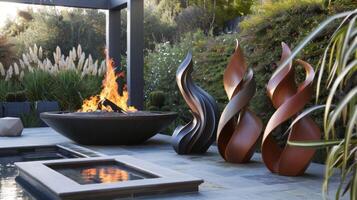 A gathering of sleek and modern sculptures each unique in its form provide the perfect backdrop for a peaceful evening around the fire pit. 2d flat cartoon photo