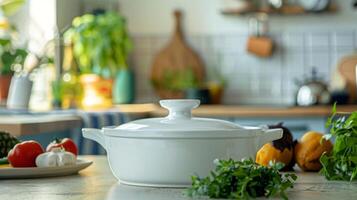 A compact ceramic casserole dish featuring a handle on each side for easy carrying and a smooth easytoclean interior. photo